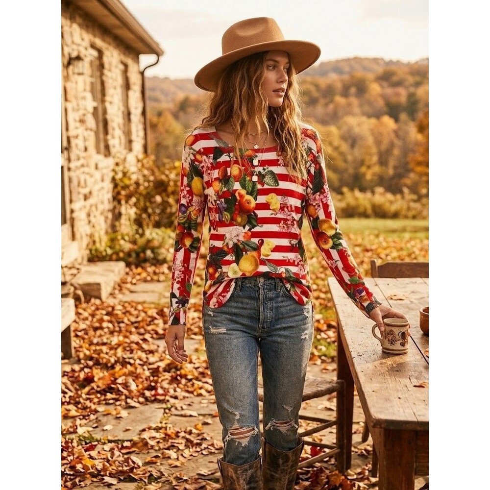 Boston Proper Fruit Stripe Sweater Top Womens XXS Red White Lemon Cherry Floral